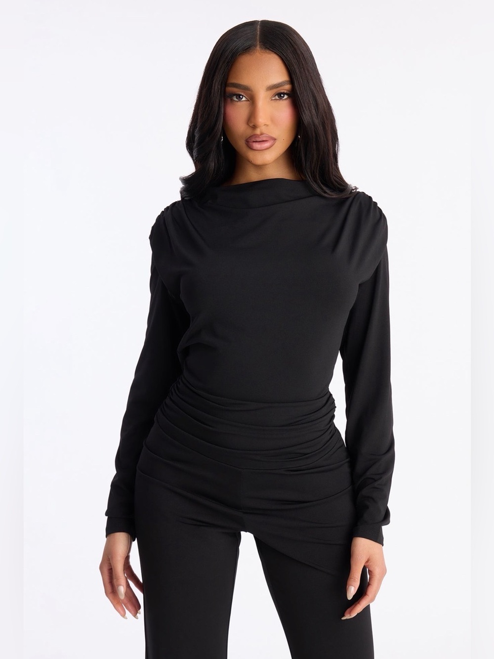 Fashion Nova Black Long-Sleeve Ruched Backless Draped Jumpsuit XL - Picture 2 of 4